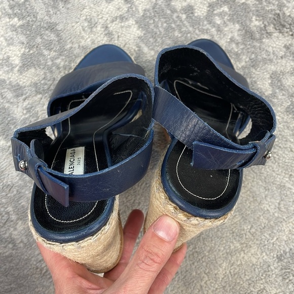 Balenciaga Navy Blue Leather Espadrille Wedge Sandals Sz 39 - Picture 14 of 16